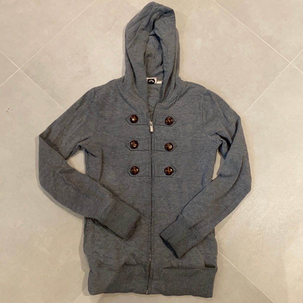 Women girls Roxy xsmall grey gray zip down hoodie with pockets and buttons fall